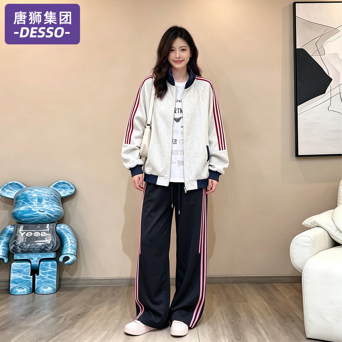 唐狮集团运动套装女款2026新款春秋季三条杠外套运动休闲裤两件套