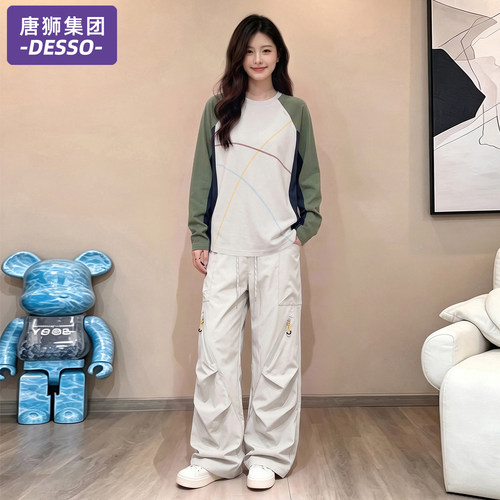 唐狮集团运动服套装女2026新款春秋季撞色圆领卫衣休闲长裤两件套