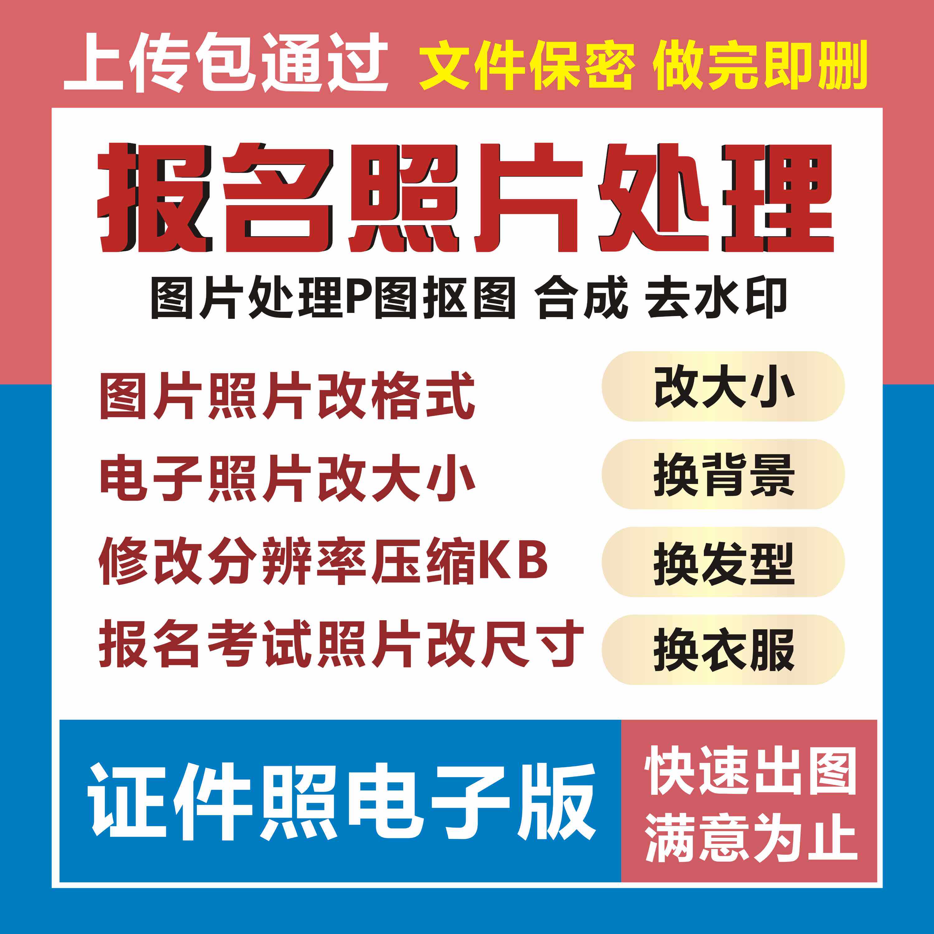 PS图片处理调报名照片换背景修改像素大小裁尺寸压缩格式转换扣图