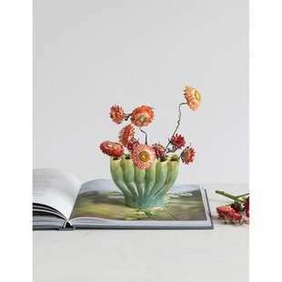 现 纽约下城公园进口嫩绿豆荚滴釉联排陶瓷花瓶装饰桌面摆件