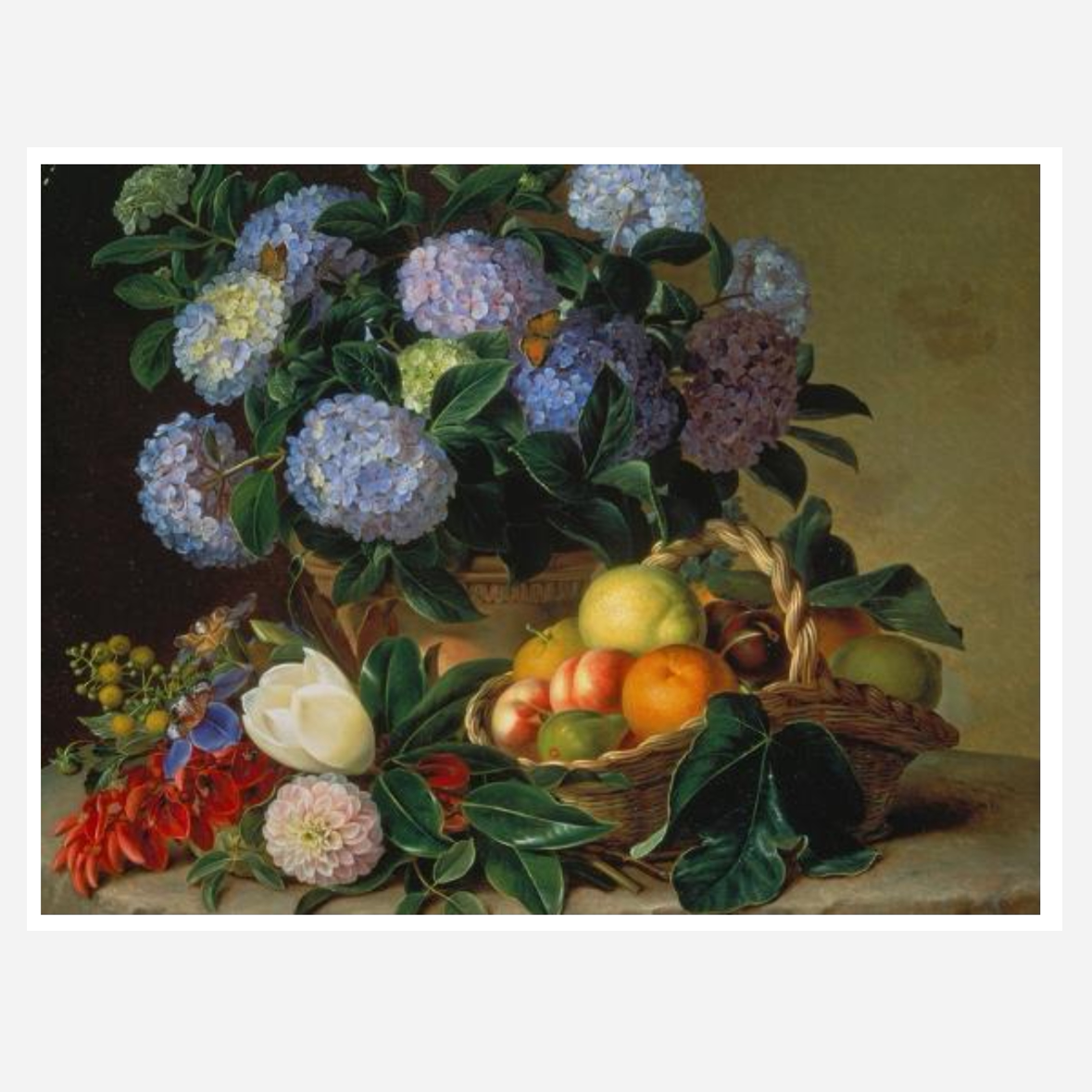 现 纽约下城公园进口画芯装饰画瓮中的绣球花与面包篮60x45cm