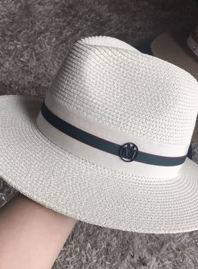 法国m标米白色草帽墨绿色丝带百搭休闲礼帽出游防晒遮阳帽爵士帽