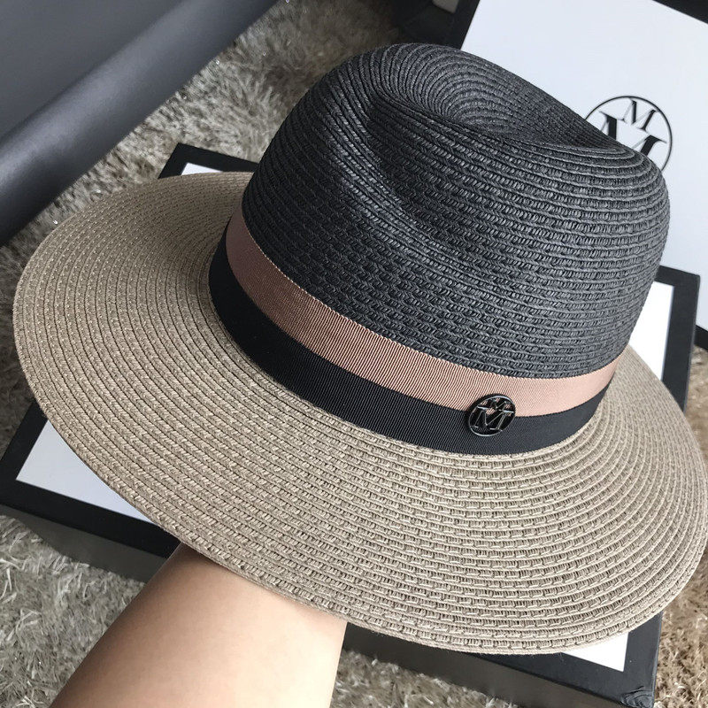 m家欧美百搭礼帽洋气灰色拼接草帽子巴拿马帽出游海边遮阳防晒女
