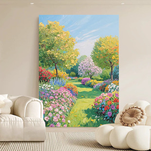 纯手绘油画莫奈花园客厅装 奶油风高级感肌理入户玄关挂画 饰画法式