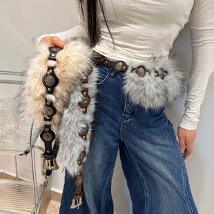 复古民族风毛毛腰带配饰女Y2K皮草辣妹波西米亚西部废土皮带配裙