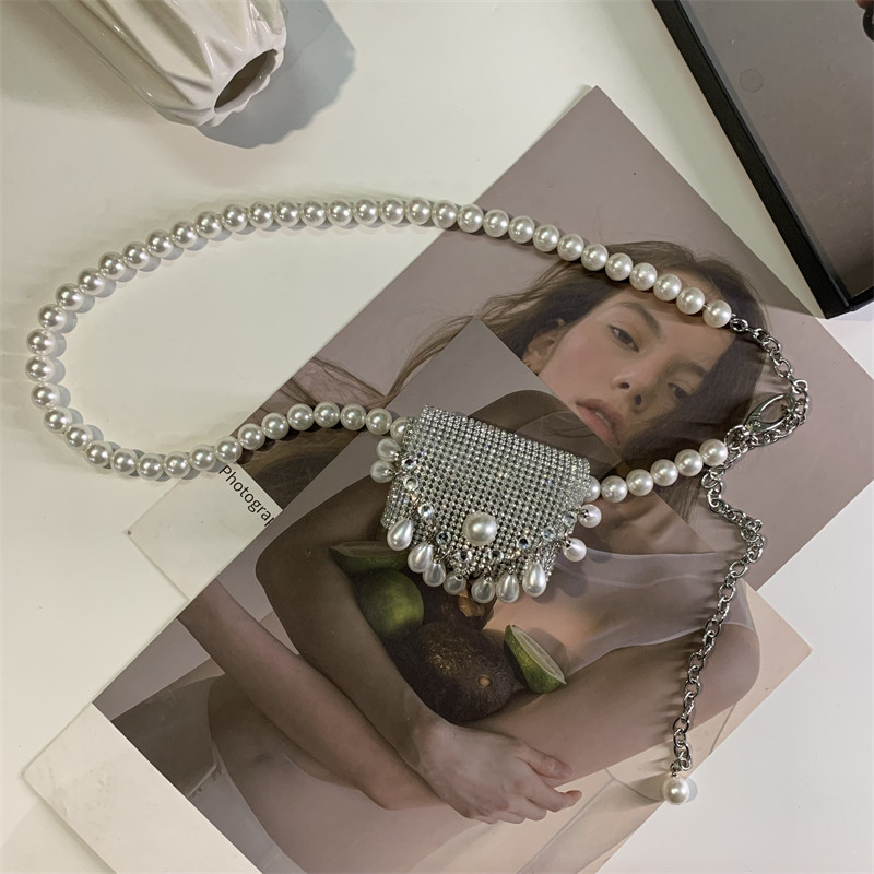 2022新款小香风格珍珠链条腰包配饰闪闪水钻腰链包胸包腰带女ins