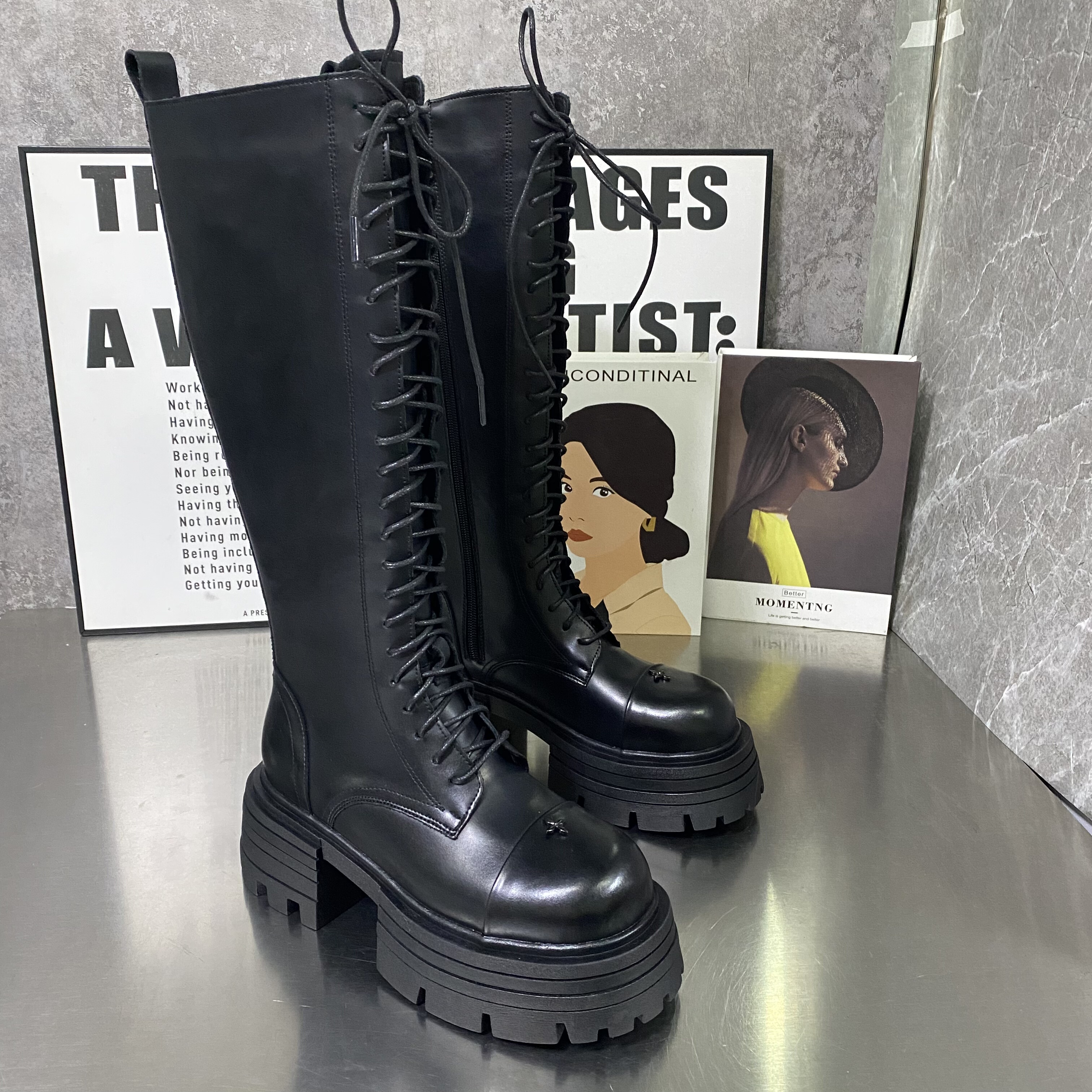 2025秋冬季女靴松糕厚底加棉膝盖下长筒靴真皮女棉骑士靴女棉靴