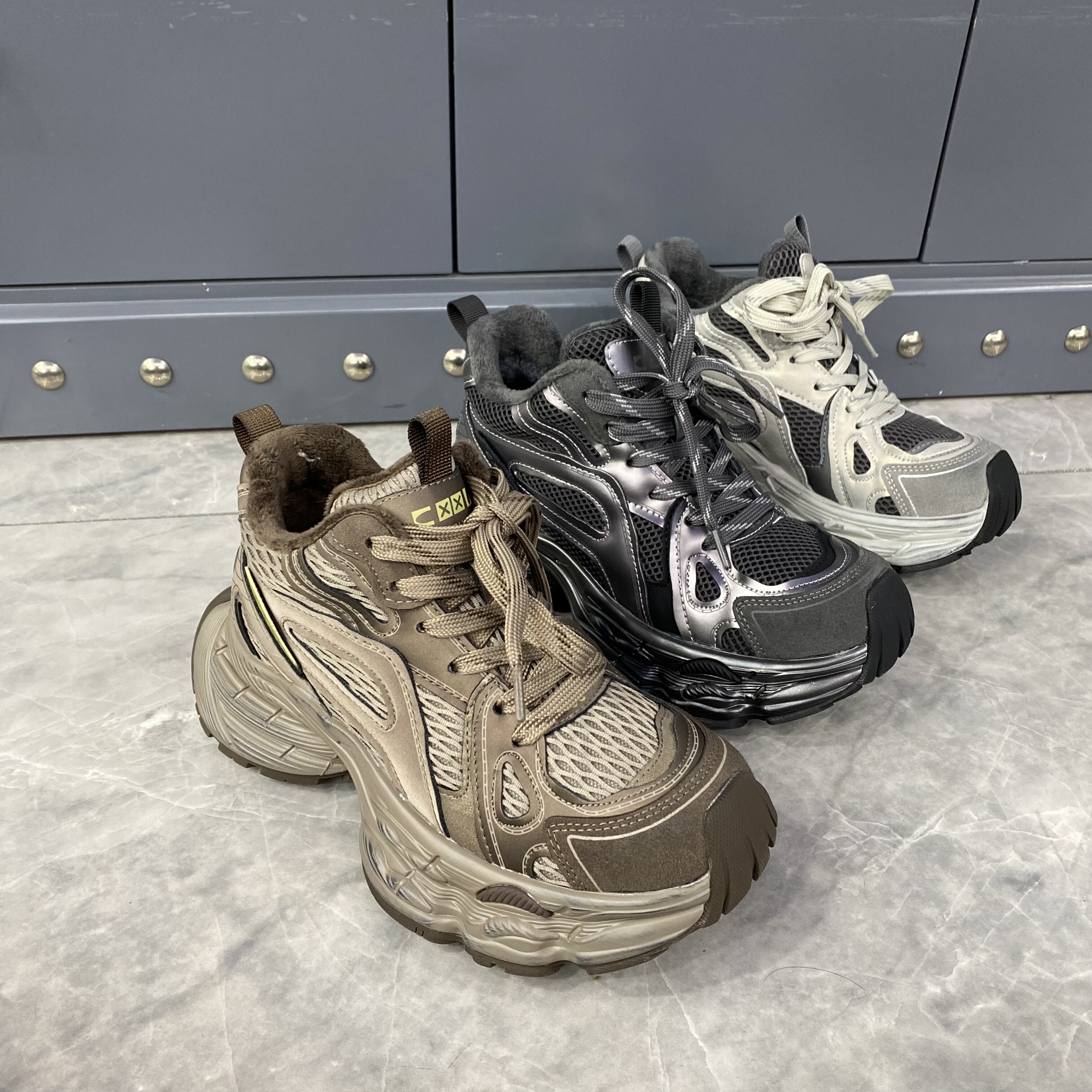 2025秋冬季女靴松糕厚底加棉高帮休闲鞋真皮配网棉老爹鞋女棉鞋