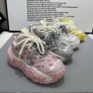 2026夏季女鞋新款松糕厚底透网烫钻亮片女款单网老爹鞋女潮鞋网鞋