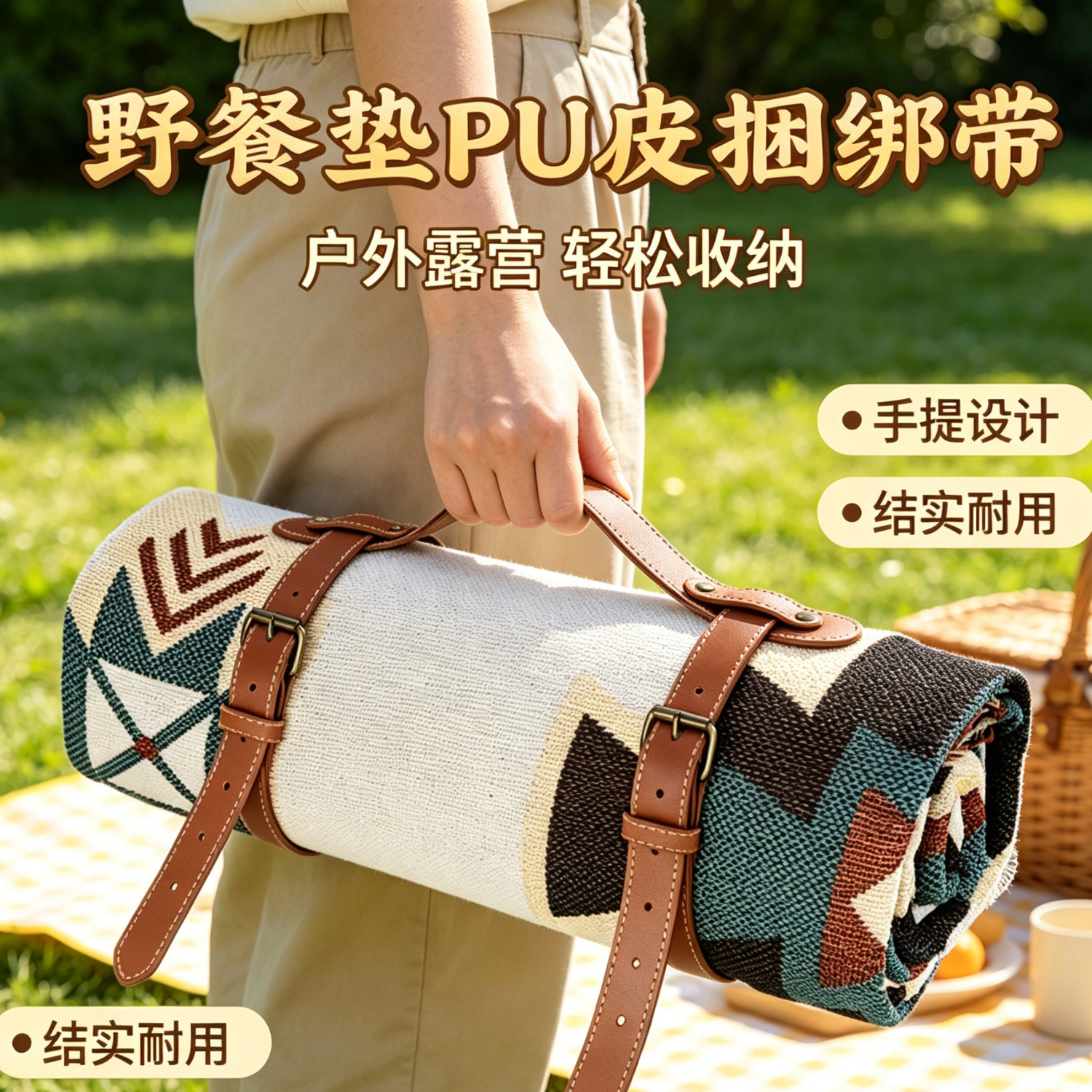 毛毯H型扎带包装沙发毯户外野餐垫 捆绑带手提毯子PU皮拎带人造皮