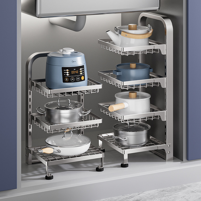 304不锈钢台面厨房锅具收纳架可调转角下水槽置物家用多层置物架