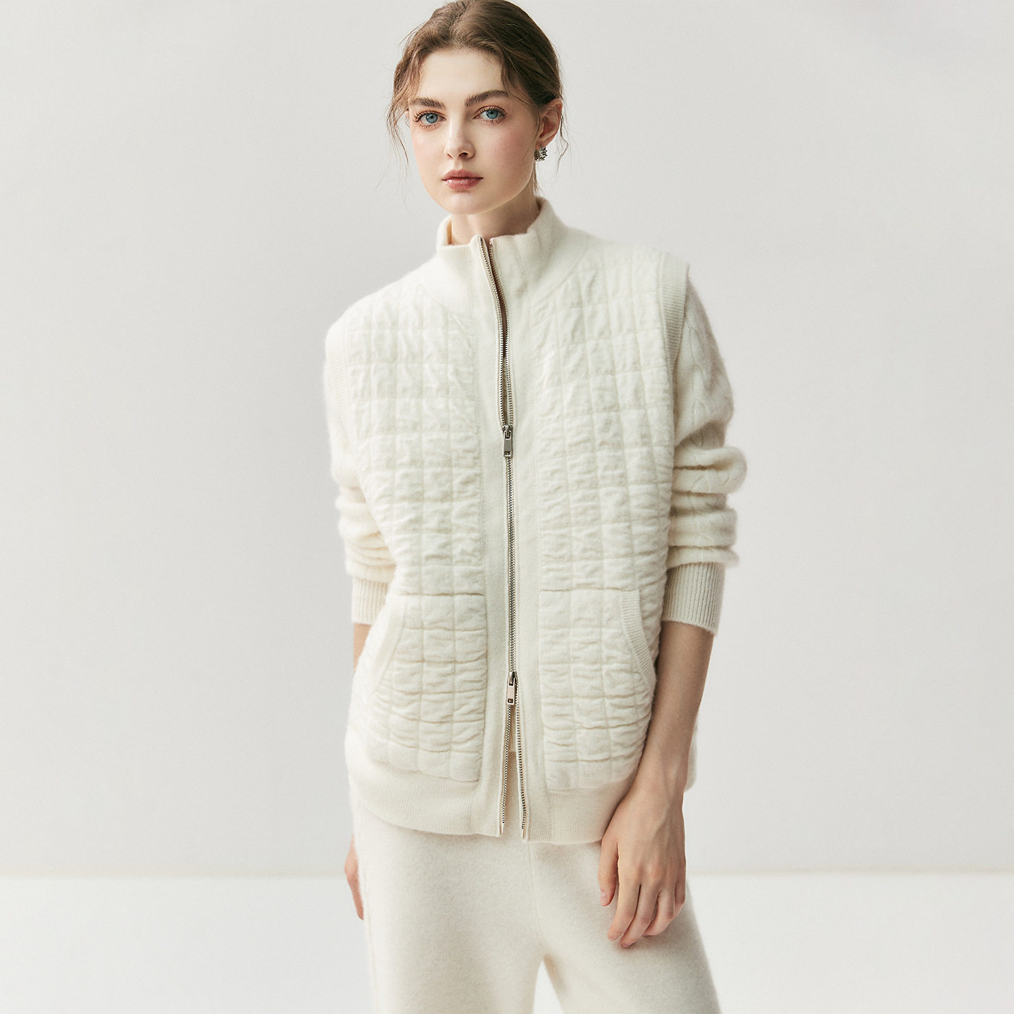 叠穿神器山羊绒马甲女肌理感棉服加厚拉链针织开衫坎肩外套毛衣
