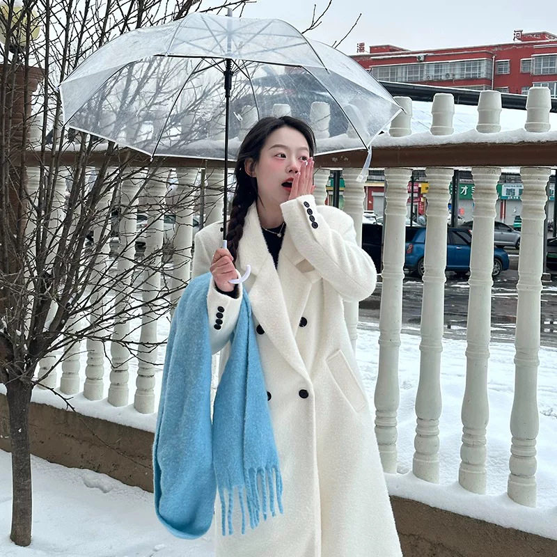 羊毛呢子大衣女中长款2026冬季高级感正肩白色加厚羽绒毛呢外套女