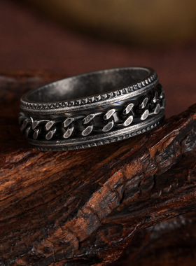 银色不锈钢压花转动链条戒指男士