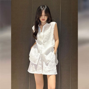 短褲 RIERA夏季 襯衫 女裝 穿搭一整套小香風(fēng)白色休閑無袖 兩件套2025