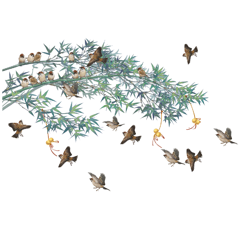 水墨玉竹飞鸟书房古典风玄关墙贴