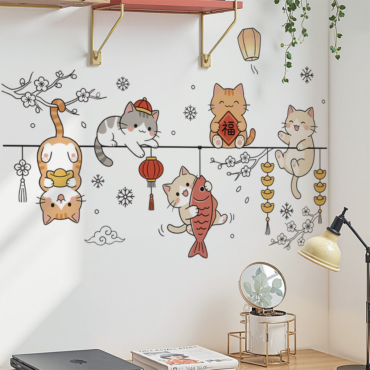 线条猫咪墙面可爱装饰贴画厨房客厅喜庆过年装饰贴纸元宝贴
