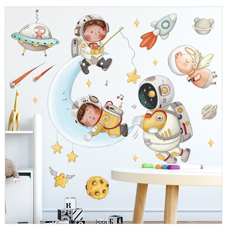 天空摇篮曲星星月亮宇航员墙贴画儿童房幼儿园教室装饰火箭墙贴