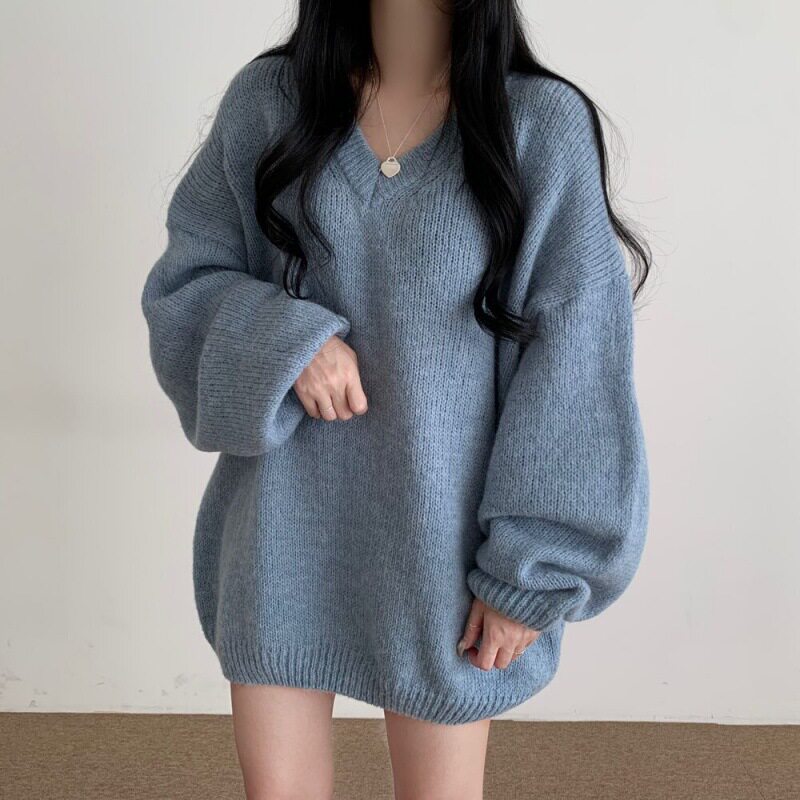 韩国chic秋季小众慵懒风V领宽松休闲百搭长袖套头针织毛衣上衣女