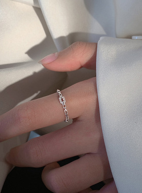 方钻链条戒指女时尚微镶锆石指环韩版小众戒开口可调节银镀铂金