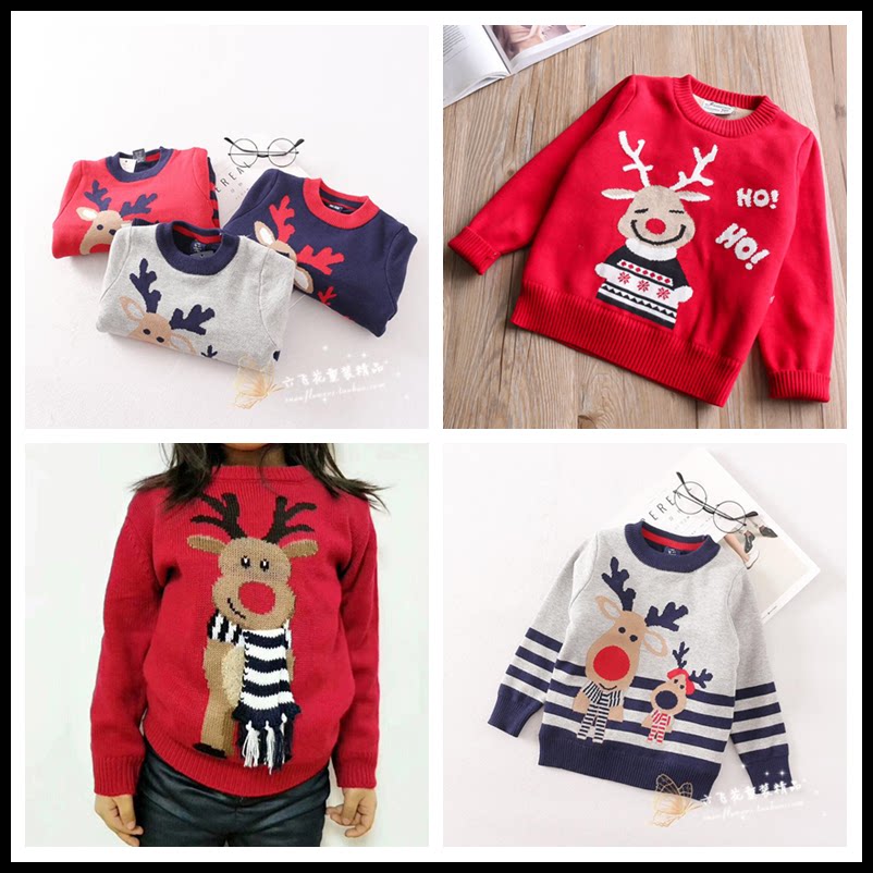 冬季新品女童宝宝套头百搭圣诞雪人麋鹿卡通加绒毛衣