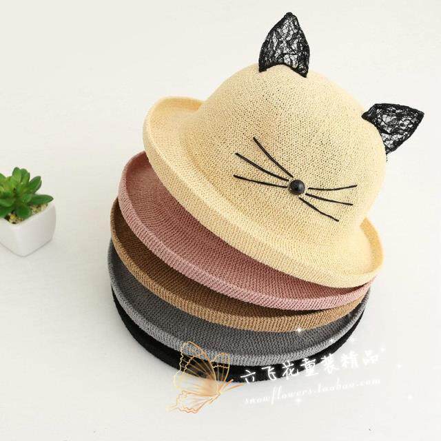夏季新款亲子儿童可爱卡通猫咪耳朵编织遮阳帽子草帽母女帽