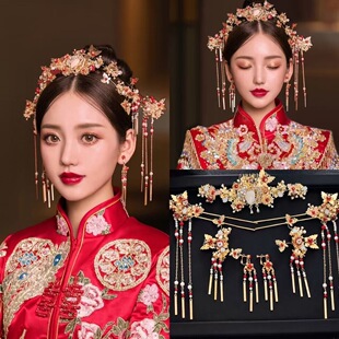 新娘秀禾头饰中式国风古典浅金色凤冠流苏结婚汉服龙凤褂晨袍发饰