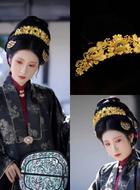 汉服双凤发冠配饰镀金环花錾金立体花卉嵌宝中国风女头冠超仙配饰