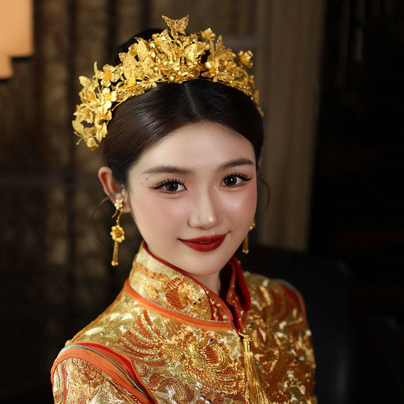 龙凤褂新娘头饰金色凤冠华丽复古结婚发冠电镀高级感秀禾服发饰品