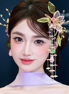 新款原创手作粉色铜丝网花朵侧边夹古风汉服结婚晨袍发饰新娘头饰