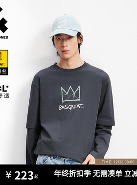 【BSQ联名】杰克琼斯男装春季宽松长袖假两件T恤凉感印花上衣男士