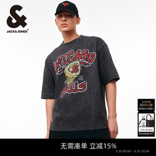 男装 NBA联名公牛队字母图案胶印圆领宽松T恤短袖 新款 杰克琼斯春季
