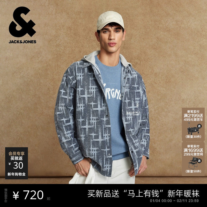 杰克琼斯2025男装冬季衬衫可拆卸连帽字母刺绣时尚潮流外套