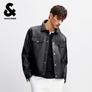 杰克琼斯百搭潮流简约时尚休闲男装新款PU皮翻领夹克外套zb