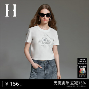 SEASONHIGH女士秋季款短袖T恤罗纹圆领立体刺绣潮流百搭上衣女装