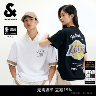 湖人队印花短袖 春夏新款 杰克琼斯男装 T恤宽松打底衫 NBA联名