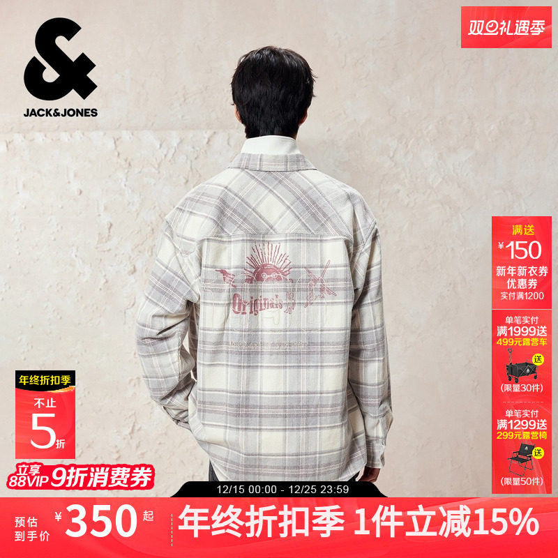 杰克琼斯男装秋季衬衫2025年新款纯棉宽松字母刺绣小格纹印花长袖
