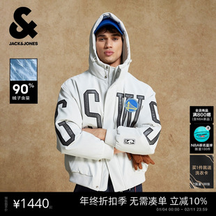 杰克琼斯男装NBA联名款勇士队宽松日常舒适潮刺绣连帽短款羽绒服