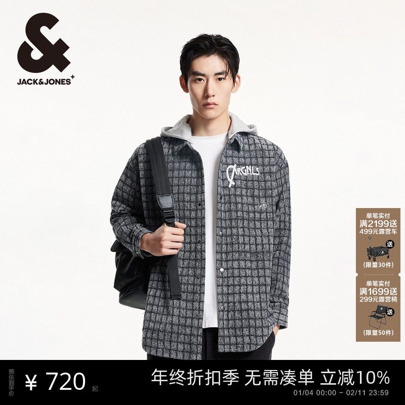 杰克琼斯男装冬季舒适时尚潮流潮字母刺绣上衣复古格子衬衫男外套