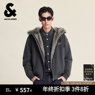 棉衣连帽仿貂毛绒感座山雕夹克外套男装 新款 冬季 杰克琼斯棉服男款