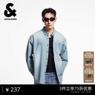 外套水洗舒适纯棉印花宽松翻领长袖 杰克琼斯男装 衬衫 新款 上衣 春季