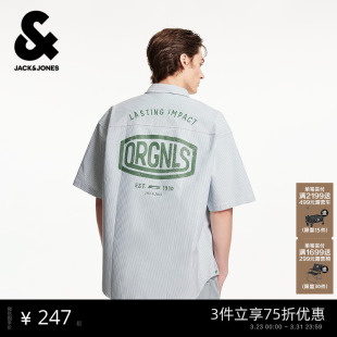 春季 衬衫 新款 刺绣印花尖领条纹宽松休闲短袖 上衣 时尚 杰克琼斯男装