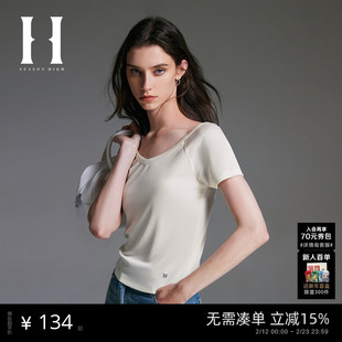 SEASONHIGH女士24秋季款圆领T恤插肩袖设计金属字母装饰上衣女装