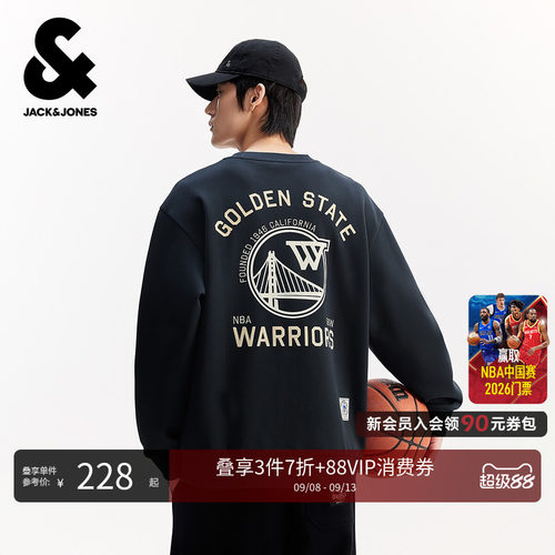 略宽松版型；罗纹领口；金州勇士队图案