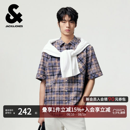 杰克琼斯男夏短袖扎染格子衬衫