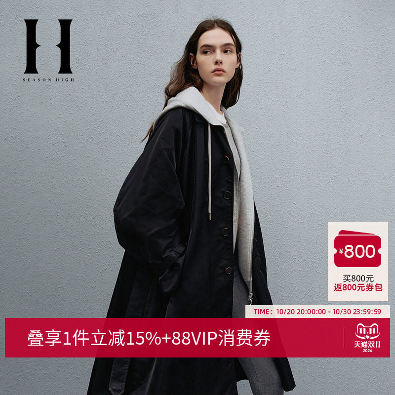 SEASONHIGH秋季女士风衣翻领百搭插肩袖拉链口袋可调节腰带外套