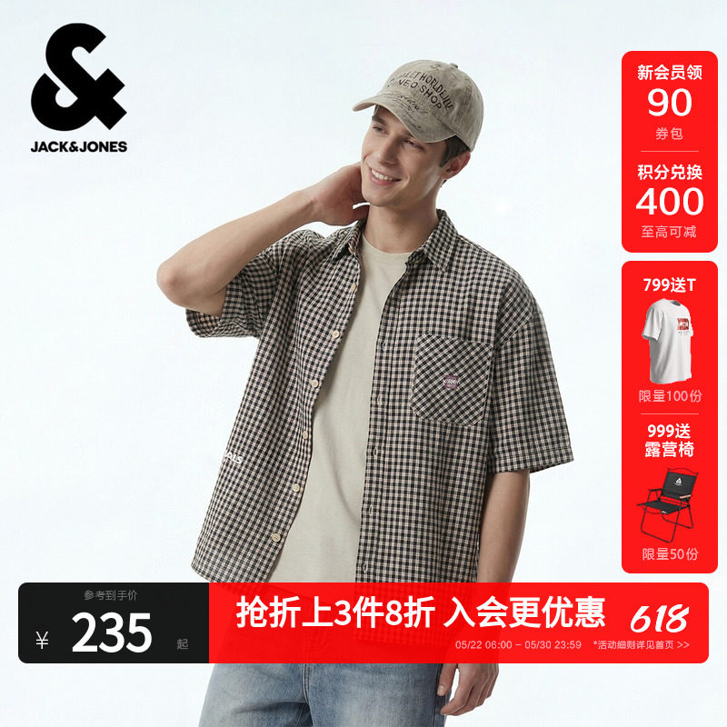 【纯棉】杰克琼斯夏季男装衬衫短袖精致字母刺绣舒适亲肤百搭时尚