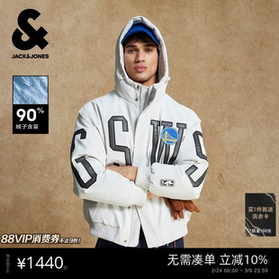 杰克琼斯男装NBA联名款勇士队宽松日常舒适潮刺绣连帽短款羽绒服