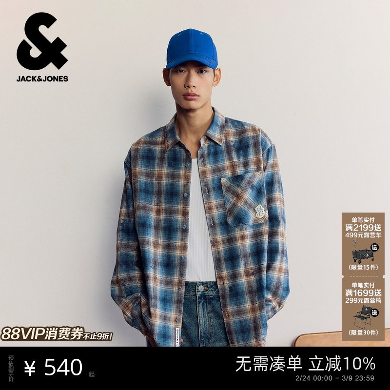 杰克琼斯男装冬季格纹衬衫2025新款纯棉长袖质感潮上衣225305008