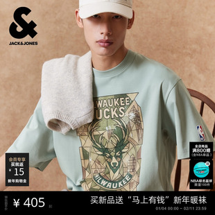 【NBA联名款雄鹿队】杰克琼斯男装春季T恤上衣时尚印花圆领宽松